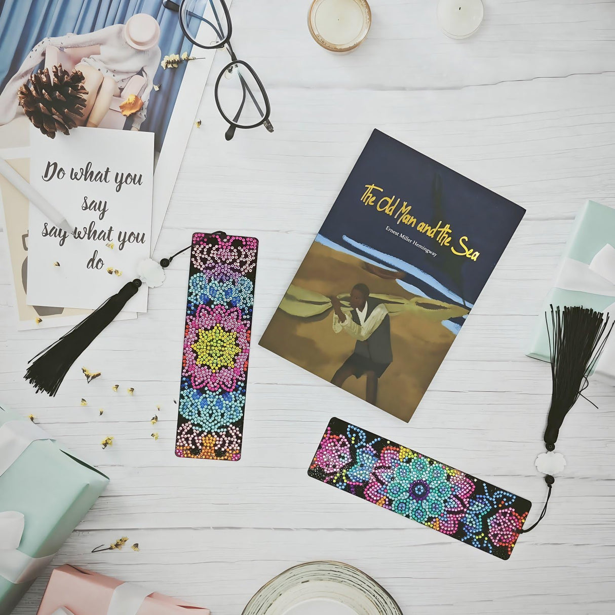 8PCS Mandala Diamond Art Bookmarks for Adults Acrylic Bookmark Kit with Tassel for Book Lovers Gift 5D Diamond Art Book Marks for DIY Making Beginners Arts Craft HAOAD