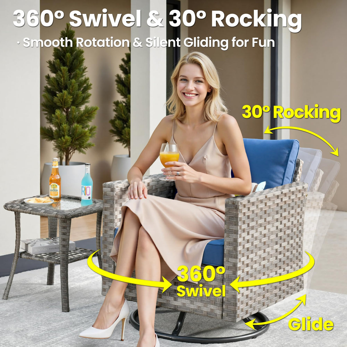 ovios 9 Pieces Patio Furniture Set, Outdoor Wicker Sectional Sofa with 42" Fire Pit Table Swivel Chair, Modern Modular Deep Seat Rattan Couch Conversation Sets, Navy Blue ovios