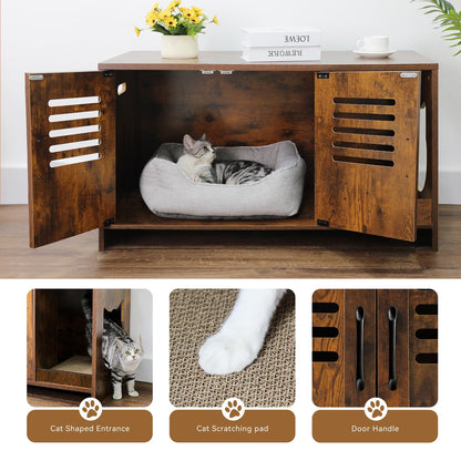 Zerbuger Large Wooden Cat Litter Box Enclosure, Hidden Dog Proof Litter Box with Cat Scratch Pad, Cat Washroom Cabinet, Cat House 37" L x 18.5" D x 21.3" H, Rustic Brown