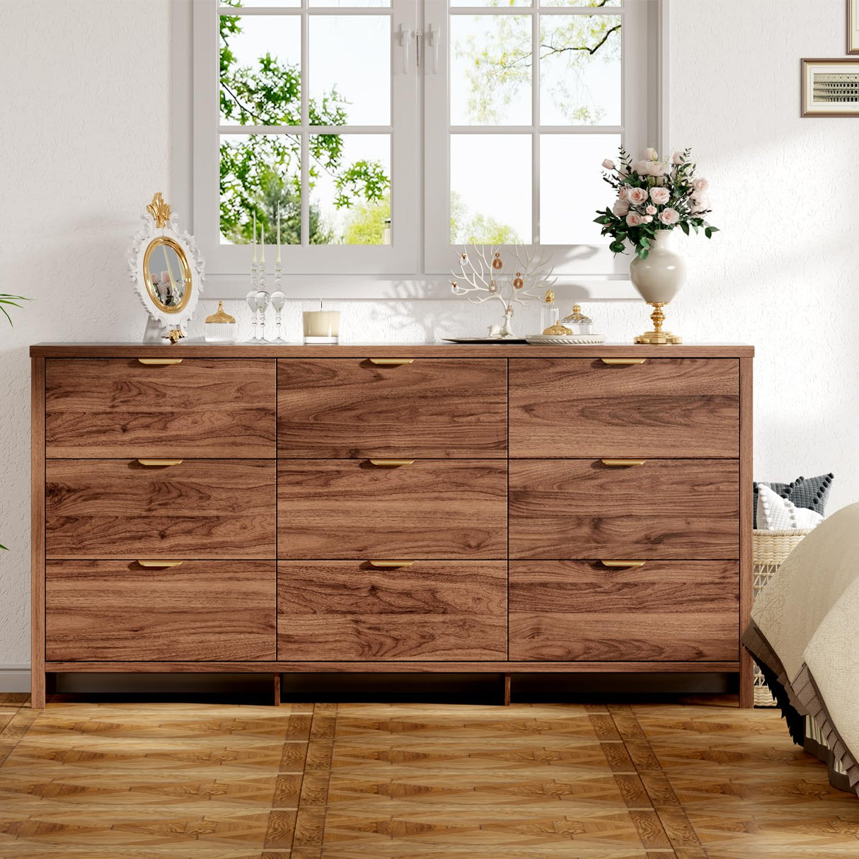 Ieejdn Fluted Dresser for Bedroom with 9 Drawers, 63" Modern Chest of Drawers, Dresser TV Stand, Wood Drawer Organizer for Living Room, Hallway, Chestnut