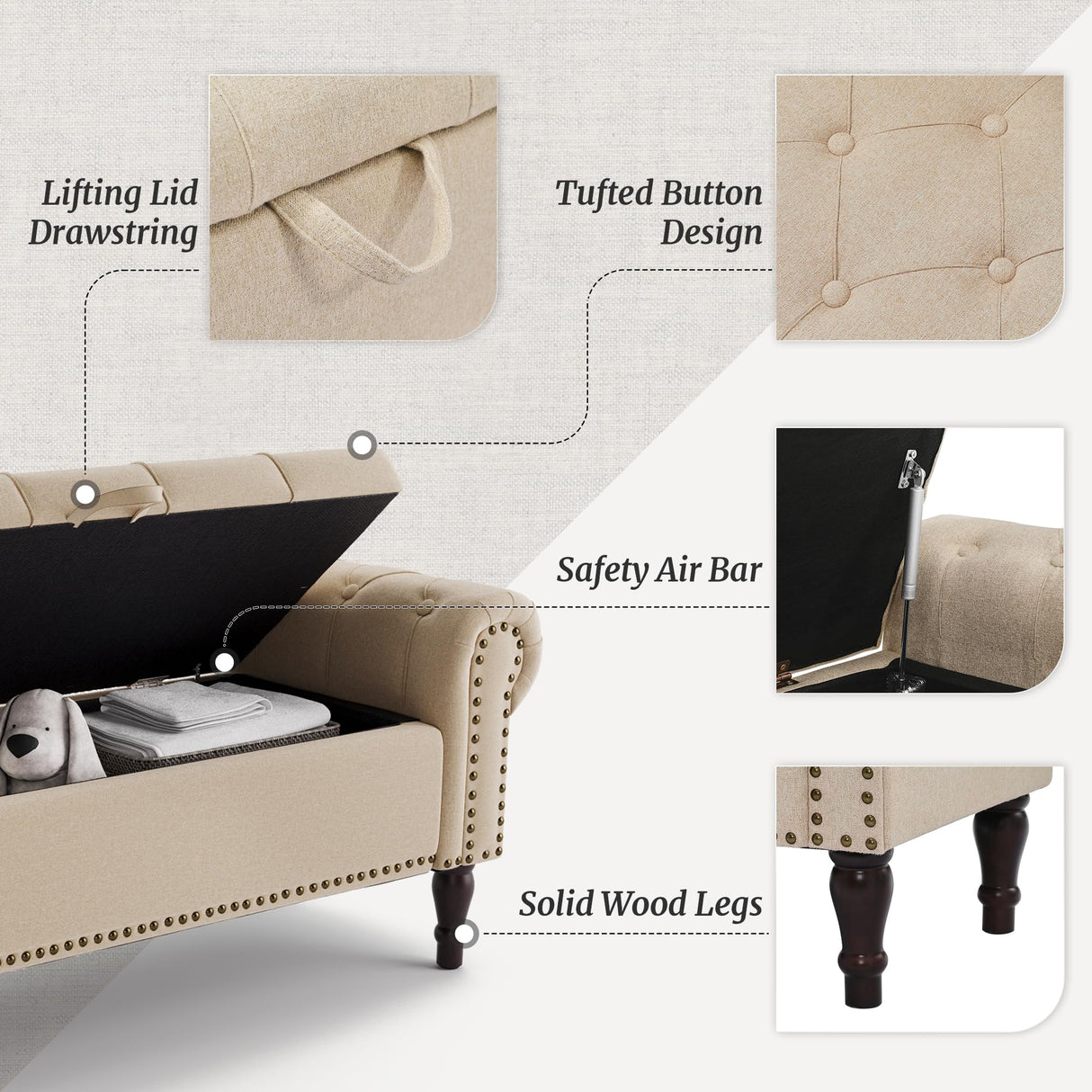 Cozyman Storage Bench, 50” Queen Linen Tufted Button End of Bed Bench with Rolled Arm and Nailhead Trim, Upholstered Bedroom Bench, Ottoman Bench for End of Bed, Living Room, Entryway, Wheat Color Cozyman