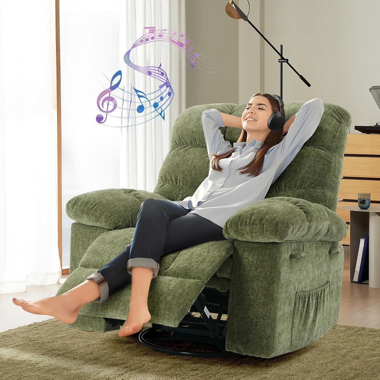Oversized Swivel Rocker Recliner Chair for Adult,360°Swivel Rock Recliner,Extra Wide Manual Recliners,Chenille Upholstery Overstuffed Soft Rocking Sofa Chair,Green OUTGOODS