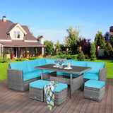 Tangkula 7 Pieces Patio Furniture Set, Outdoor Sectional Rattan Sofa Set with Cushions, All Weather Wicker Conversation Couch Set w/Dining Table & Ottomans for Backyard Garden Poolside (Turquoise) Tangkula