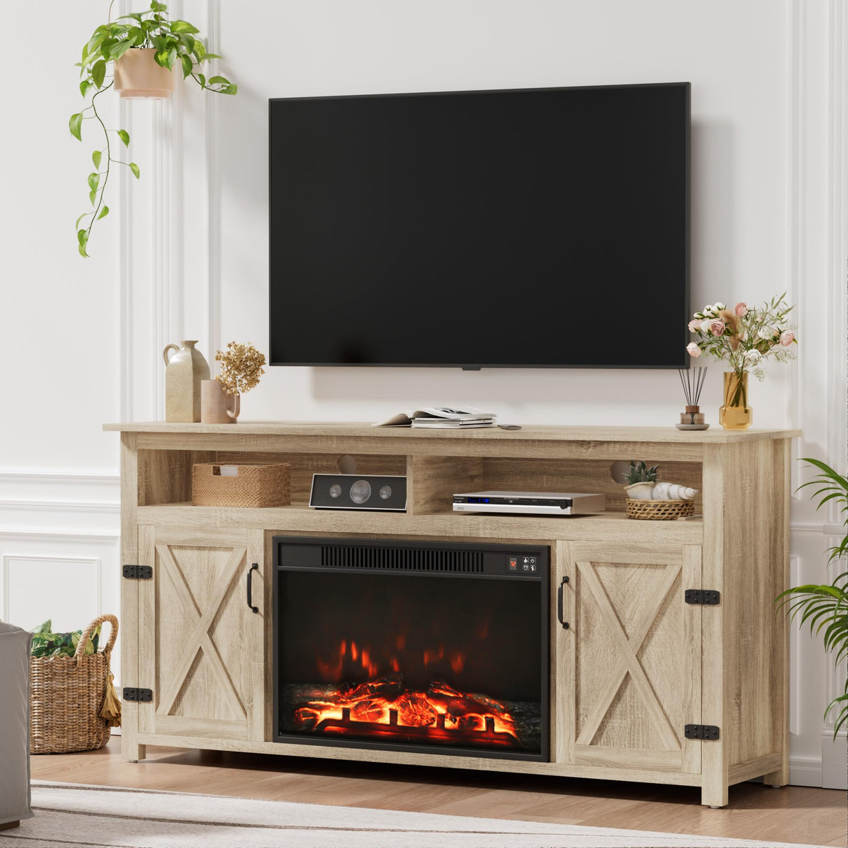 Furmax Farmhouse Fireplace TV Stand for TVs Up to 65 Inch Highboy Entertainment Center with Open Storage and Side Cabinets Rustic Media Console Table with Barn Doors for Living Room (Natural Oak) Furmax