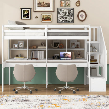 Harper & Bright Designs Twin Loft Bed with Stairs and Double Desks in White - Versatile Storage Solution for Kids - WoodArtSupply