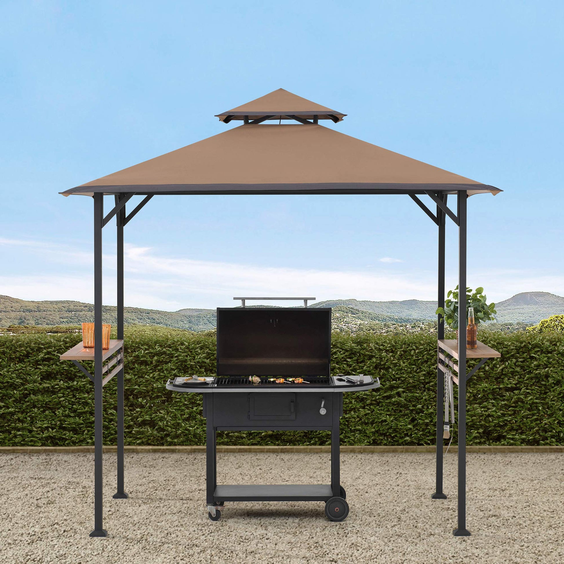 Sunjoy 5 x 8 ft Grill Gazebo with Double Tiered Canopy Roof, Black Steel Frame Grill Gazebo for Outdoor, Patio, Garden, and Backyard Activities, Khaki - WoodArtSupply