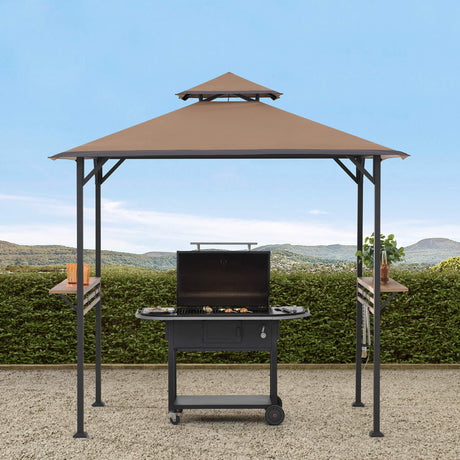 Sunjoy 5 x 8 ft Grill Gazebo with Double Tiered Canopy Roof, Black Steel Frame Grill Gazebo for Outdoor, Patio, Garden, and Backyard Activities, Khaki SummerCove