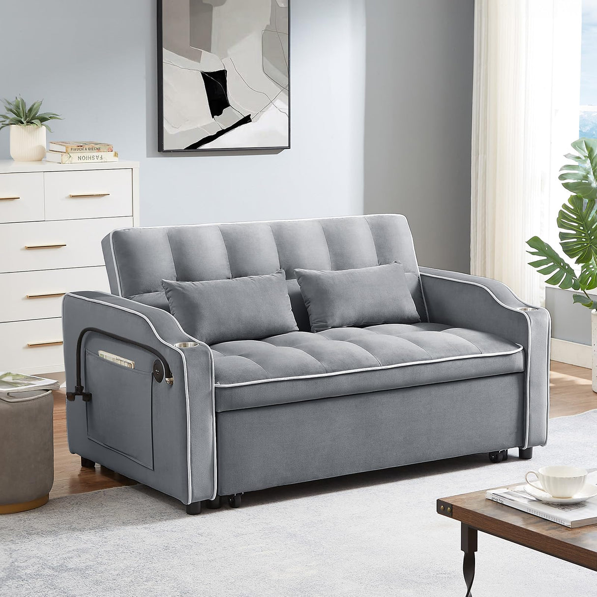 JEEOEHY 3 in 1 Convertible Sleeper Sofa Bed,Velvet Pull Out Couch Bed w USB&Type C Port,Comfy Futon Loveseat w Adjustable Backrest&Phone Stand&Cup Holder for Living Room Apartment Small Space(Grey) JEEOHEY