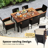 KOTEK Outdoor Dining Set for 6, PE Rattan Wicker Patio Furniture Set with Wood Table & Cushioned Armchairs, 1.96'' Umbrella Hole, Patio Table and Chairs Set for Garden, Backyard, Balcony, Poolside KOTEK