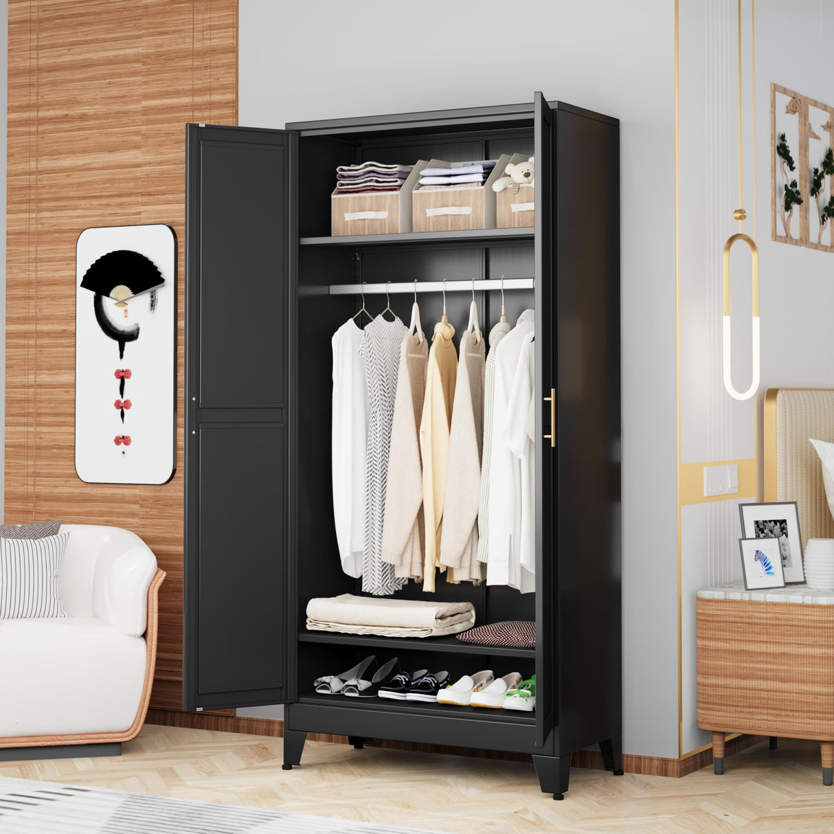 GAIOUS Metal Wardrobe Cabinet with Hanging Rod, 71" Metal Clothing Storage Cabinets with 2 Doors and Adjustable Shelves, Black Armoire Wardrobe Closet for Bedroom, Laundry Room, Cloak Room GAIOUS