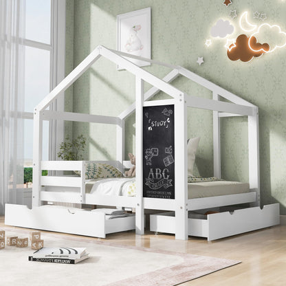 DNYN Full Size House Bed with Storage Drawers and Blackboard for Kids - Space-Saving Solid Wood Bedframe in White - WoodArtSupply