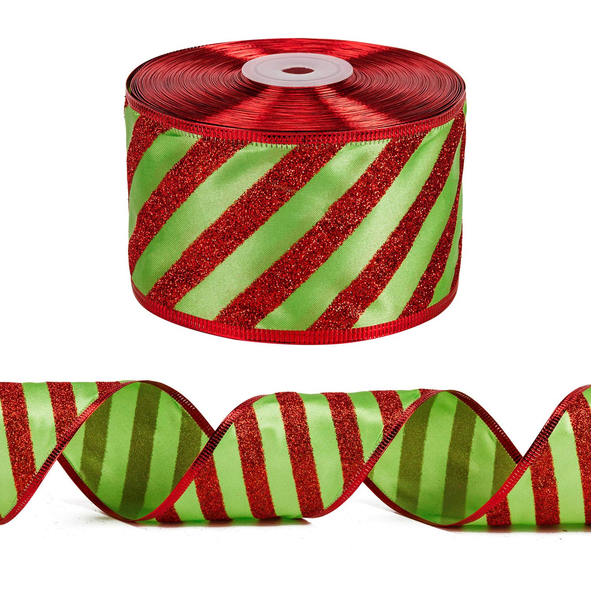 WRAPAHOLIC Christmas Wired Ribbon - 2.5 inch x 25 Yard Each Roll - Green with Red Glitter Stripe Ribbon - Red Wired Edge WRAPAHOLIC