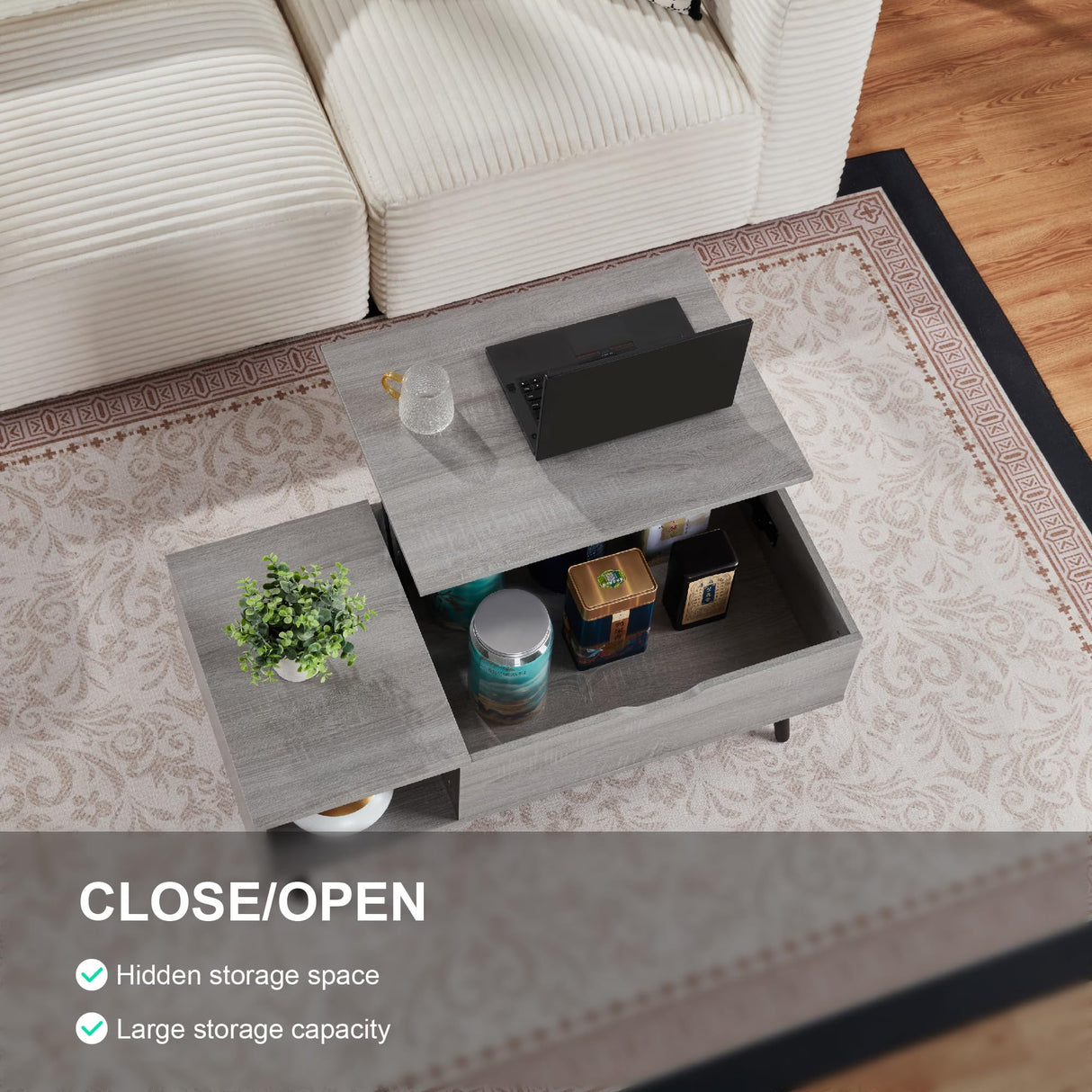 Furrnook 39" Lift Top Coffee Table with Hidden Compartment & Storage Shelf, Multifunctional Desk for Living Room, Home Office, Ergonomic Lift, Ample Storage for Gadgets & Essentials (Gray) Furrnook