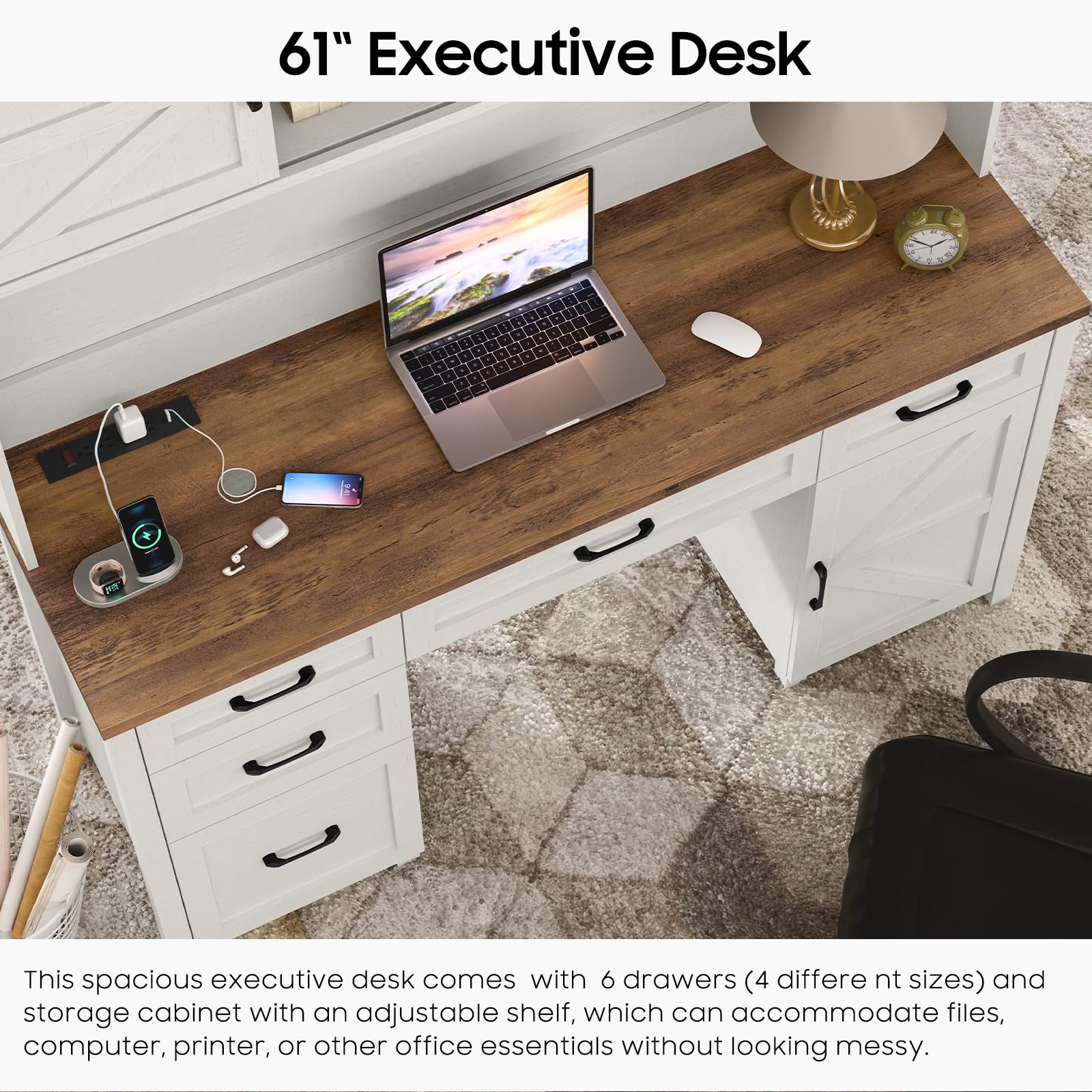 Farmhouse 67" H Executive Desk with Hutch,Office Desk with 5 Drawers, Computer Desk with Storage Cabinet & File Drawers and Charging Station, Wood Workstation for Home Office and Study - WoodArtSupply