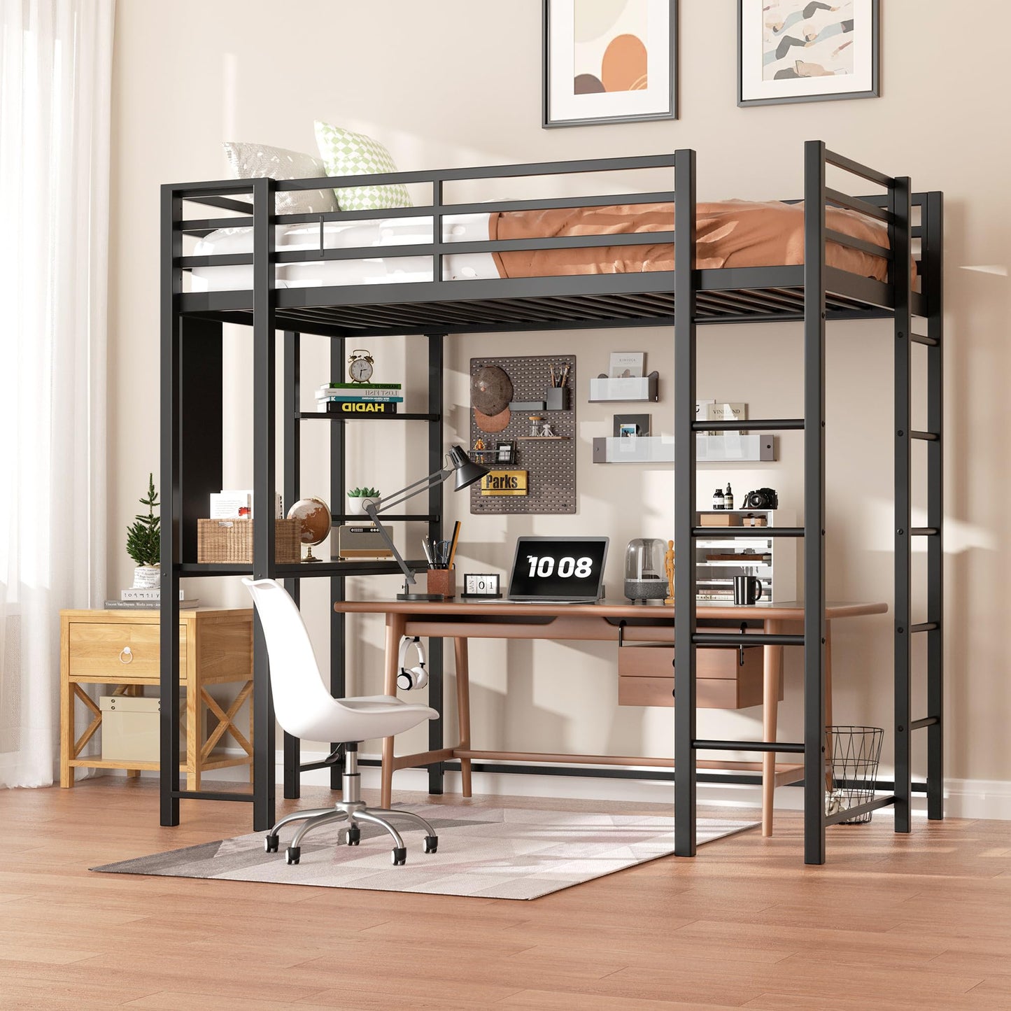 Shintenchi Loft Bed Twin Size with Desk and Storage Shelves, Twin Bed Frame with 2 Side Ladders for Kids, Teens Adults, Spcace-Saving Noise-Free and Anti-tilt Design, Black