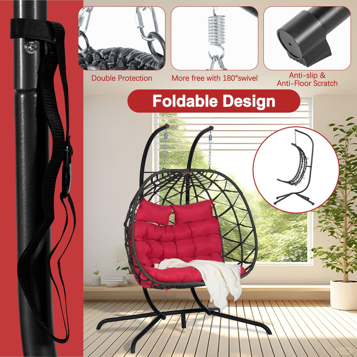 Double Hanging Egg Chair Indoor Outdoor with Stand, Patio Rattan Wicker Double Egg Swing Chair Hammock Chair with UV Resistant Thicken Comfy Cushions, Porch Swing Loveseat for Backyard, Red WIIS' IDEA