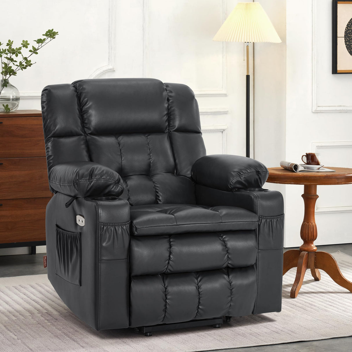 MCombo Dual Motor Small Power Lift Recliner Chair for Elderly, Lay Flat Lift Chair with Heat and Massage, Petite Lift Chair, Cup Holders, Faux Leather 7893 (Black, Small) MCombo