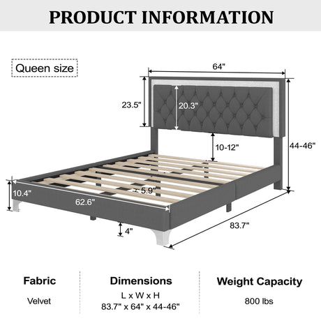 3-Pieces Bedroom Set, Queen Size Upholstered Platform Bed with LED Lights and Two Nightstands - Gray HouseOfZazla