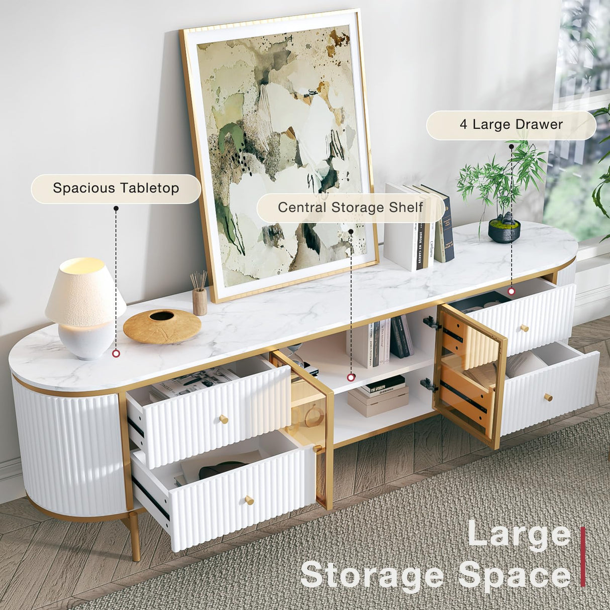 oneinmil Luxury 70" Fluted TV Stand for TVs Up to 75", Modern Entertainment Center with Faux Marble Top, Media Console with Curved Profile Design, Television Stands for Living Room, White oneinmil