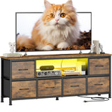 Lulive TV Stand for Bedroom, LED Rustic Brown Dresser for Living Room with 6 Fabric Drawers, 43 55in TV Stand with Power Outlet, Entertainment Center with Open Shelf Lulive