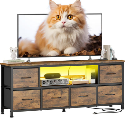 Lulive TV Stand for Bedroom, LED Rustic Brown Dresser for Living Room with 6 Fabric Drawers, 43 55in TV Stand with Power Outlet, Entertainment Center with Open Shelf