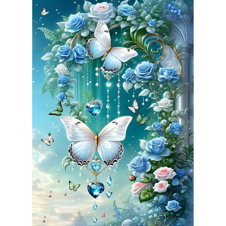 DPHERO DIY Blue Flowers Diamond Painting Kits for Beginners Adults,5D Butterfly Diamond Art Kits,Round Full Drill Fantasy Diamond Painting Art,DIY Painting by Numbers Diamond Art Painting 12x16 inch DPHERO