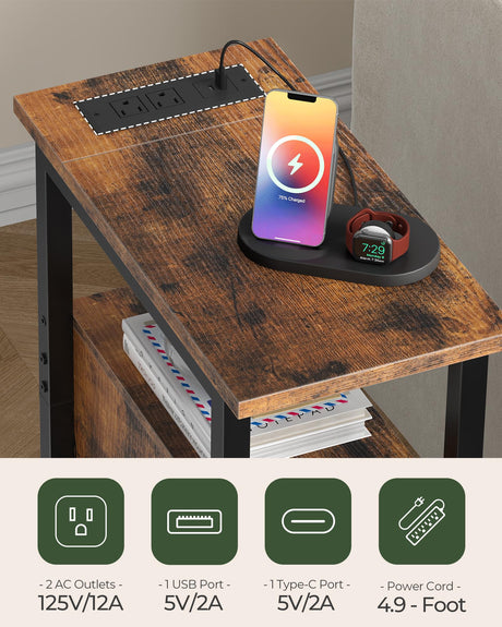 CHOEZON Farmhouse End Table, Narrow Side Table for Small Spaces, Slim Nightstand with Charging Station, with 2 AC Outlets, 1 USB and 1 Type-C Port, for Living Room, Bedroom, Rustic Brown TBZ08UBF CHOEZON