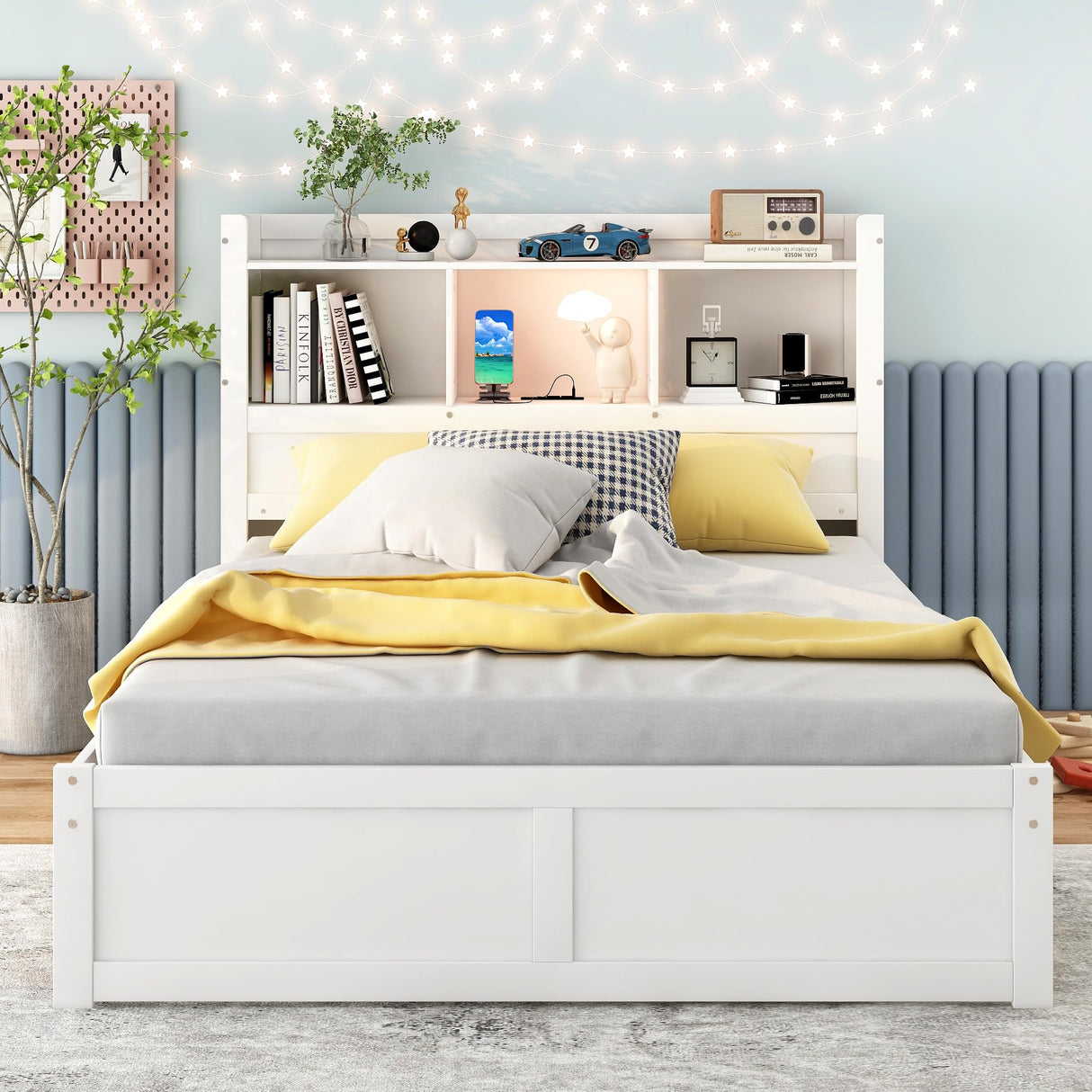 Full Size Storage Bed with Bookcase Headboard and Trundle, Wood Platform Bed Frame with Charging Station, Pull Out Shelves and Drawers for Kids Teens Adults, No Box Spring Needed,White Harper & Bright Designs