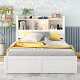 Full Size Storage Bed with Bookcase Headboard and Trundle, Wood Platform Bed Frame with Charging Station, Pull Out Shelves and Drawers for Kids Teens Adults, No Box Spring Needed,White Harper & Bright Designs