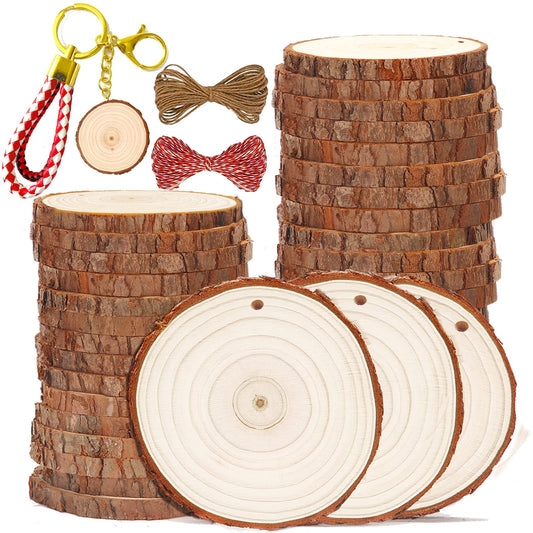 SENMUT Wood Slices 30 Pcs 3.5-4.0 inch Natural Rounds Unfinished Wooden Circles Christmas Wood Ornaments for Crafts Wood Kit Predrilled with Hole Wood Coasters Craft Supplies for DIY and Painting