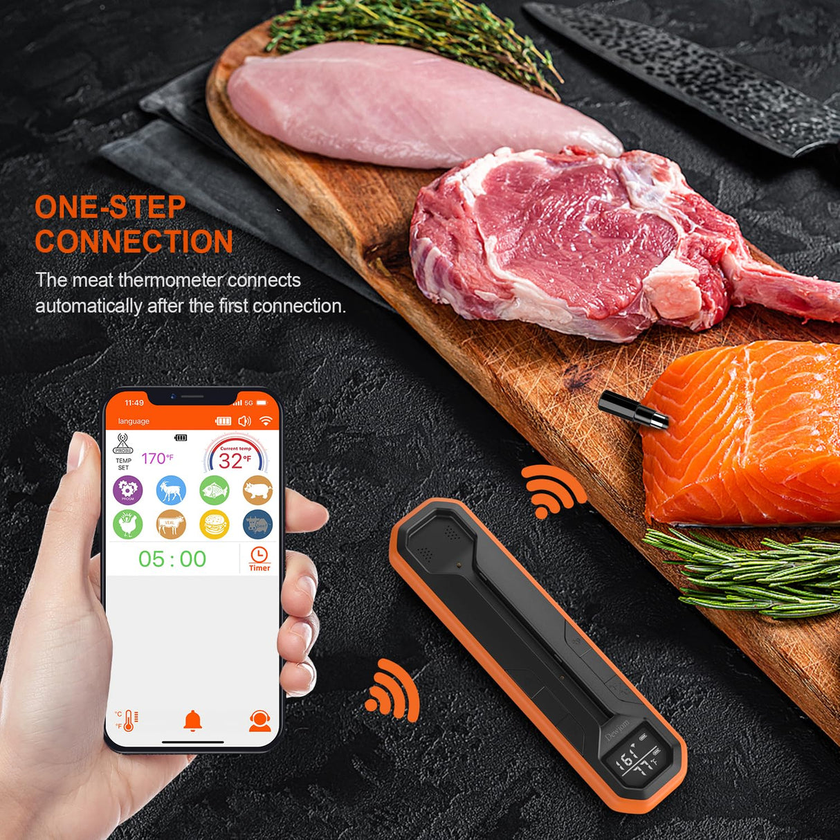 Wireless Meat Thermometer – Digital Cooking Thermometer with Wireless Probe – 500Ft Remote Range Food Thermometer – with iOS & Android Read App -Preprogrammed Temperatures for BBQ, Oven, Grill Dewjom