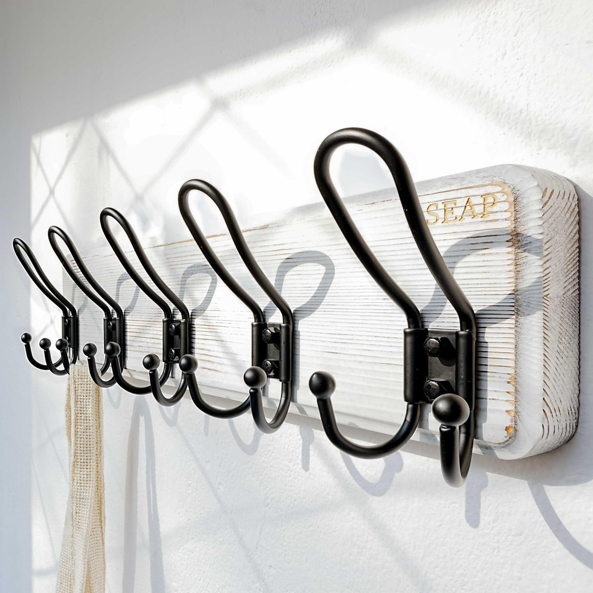 Dseap Coat Rack Wall Mounted - Heavy Duty Farmhouse Rustic Wall Coat Hanger with 5 Wire Hooks for Clothes Hat Jacket Towel, RusticWire, J1-5A, Whitewash & Black Dseap