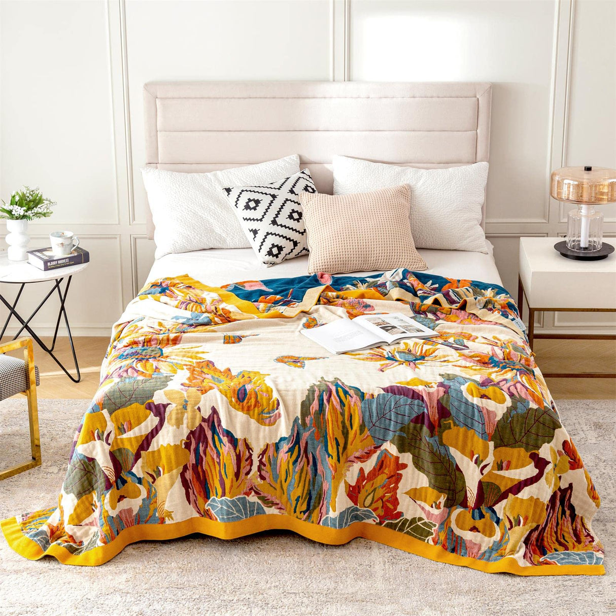 MSGKV Boho Throw Blanket 60''x80'',100% Cotton Blankets for Couch Bed,Cotton Quilt Travel Muslin Blankets Farmhouse Home Decor Soft Lightweight Picnic Blanket MSGKV