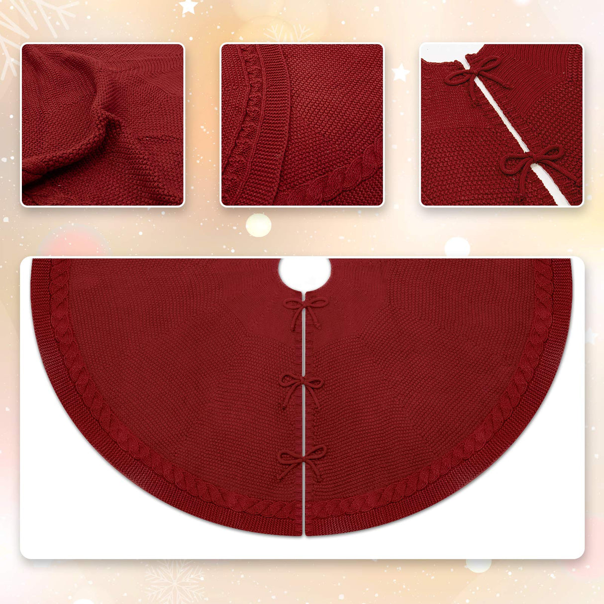 WBHome Christmas Tree Skirt, 52 inch Cable Knit Knitted Thick Rustic Holiday Decoration, Christmas Red WBHome
