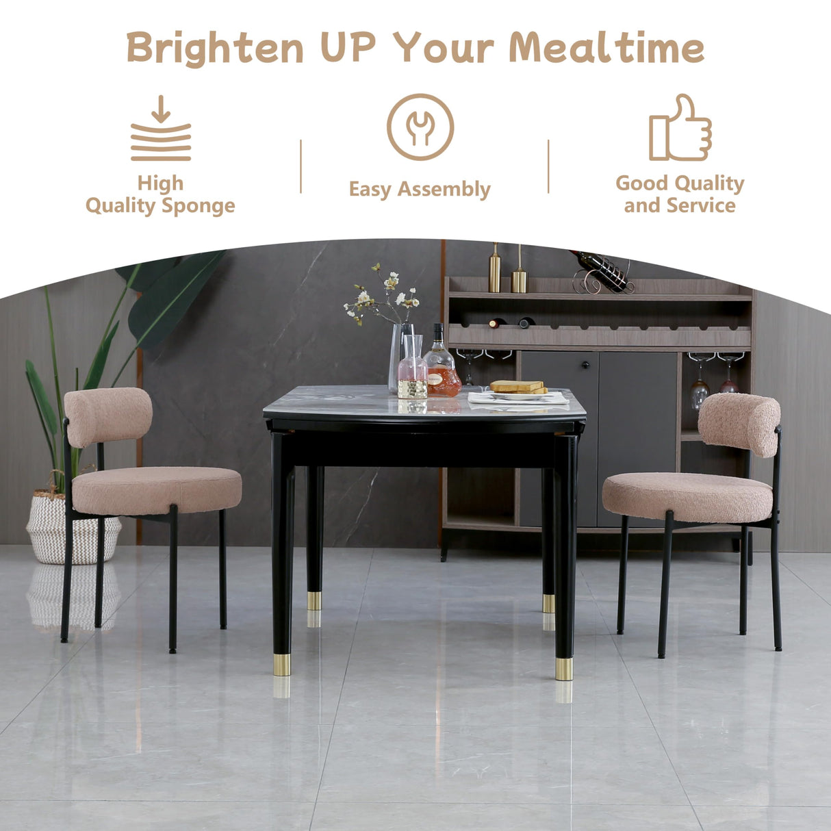 AISALL Dining Chairs Set of 2 Round Upholstered Boucle Dining Room Chairs Mid-Century Modern Kitchen Chairs Curved Backrest Chairs for Dining Room Black Metal Legs, Light Brown AISALL