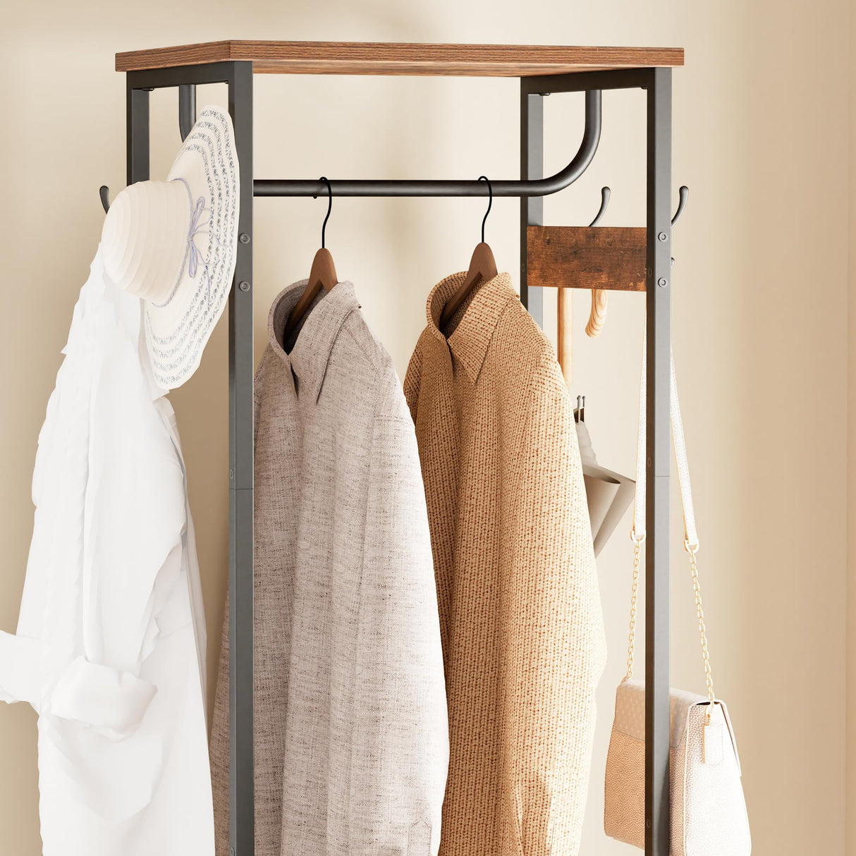 Cerlyunzan Coat Rack With Hanging Rod, Garment Rack With 3 Wooden Shelves and 4 Hooks, Freestanding Hall Tree, Industrial Clothes Rack Stand Organizer, Rustic Brown and Black Cerlyunzan