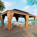 Jolydale 12' x 20' Gazebo, Wooden Finish Coated Aluminum Frame Canopy, Galvanized Steel Double Top, Outdoor Permanent Metal Pavilion with Privacy Curtains and Netting, for Patio, Deck and Backyard Jolydale