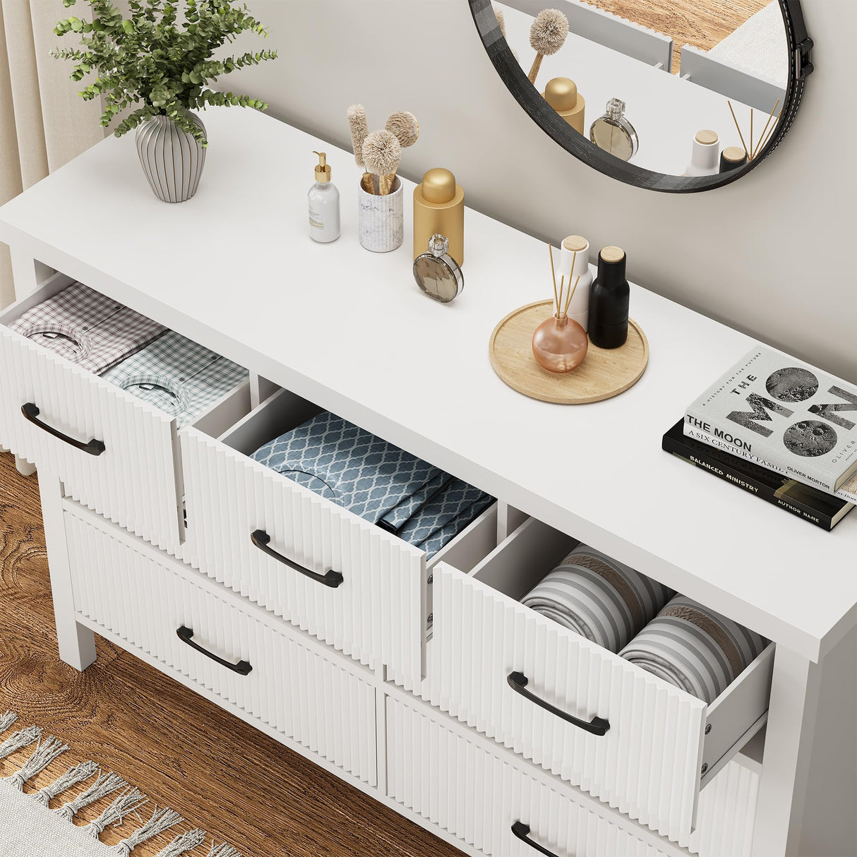 Jocoevol White Dresser 7 Drawer Dresser for Bedroom, Modern Fluted Dresser with Solid Wood Legs, Long Double Wooden Dresser Large Chest of Drawers for Living Room, Entryway, Hallway (White Fluted) Jocoevol