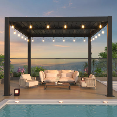 LVUYOYO Outdoor Louvered Pergola 10' x 10' with LED String Lights, Aluminum Pergola with Adjustable Roof, Waterproof Metal Gazebo for Patio, Backyard, Garden, Deck (10x10FT with Lights)