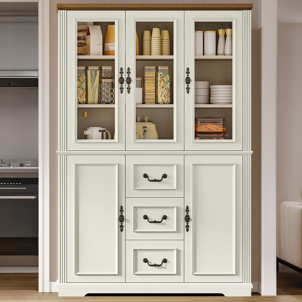 DWVO Large Storage Cabinet, 72" Tall Kitchen Pantry with Glass Doors, Freestanding Glass Display Cabinets with Adjustable Shelves & Drawers, Food China Hutch for Dining Room, Living Room, White DWVO