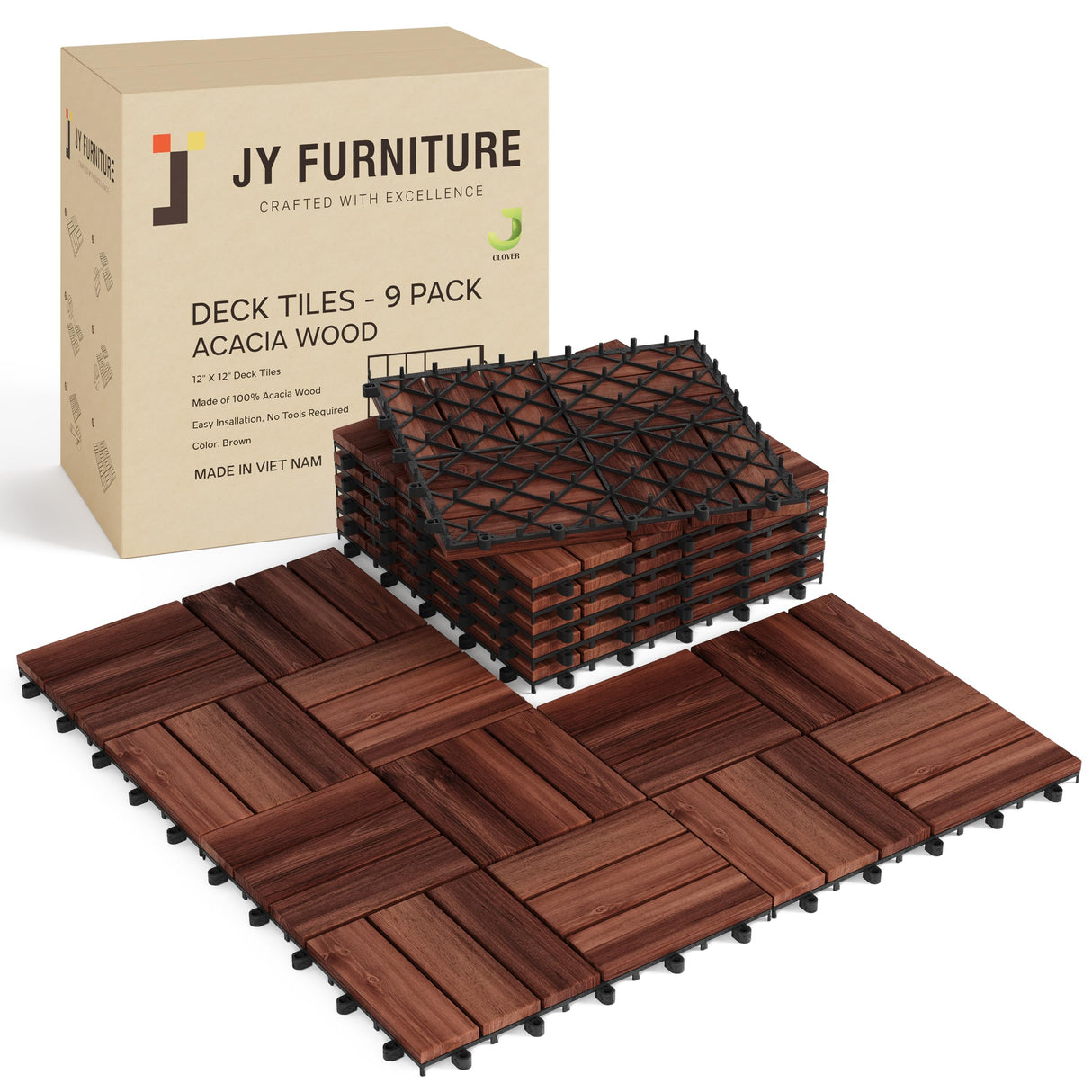9 PCS Interlocking Deck Tiles 12" x 12"- Acacia Wood Deck Tiles Waterproof - Patio Deck Tiles for Indoor & Outdoor Use, Drainage, Non Slip, Easy Installation (Brown) J CLOVER