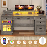 BTHFST Farmhouse Executive Desk with File Drawer, Computer Desk with Charging Station & LED Lights, Home Office Desk with Drawers & Storage Cabinet, Executive Office Desk with Monitor Stand, Grey BTHFST