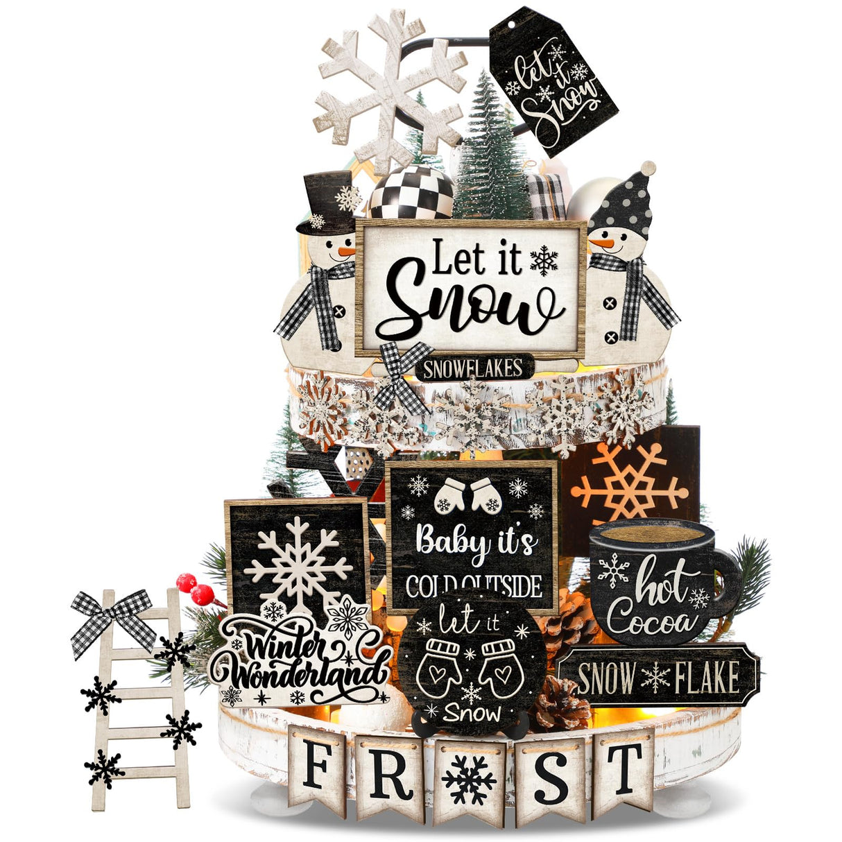 Nuogo 25 Pcs Christmas Winter Tiered Tray Decor Wood Rustic Winter Decoration for Home Christmas Snowflake Table Shelf Farmhouse Let It Snow Decor Xmas Snowman Signs for Table Holiday Nuogo