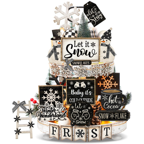 Nuogo 25 Pcs Christmas Winter Tiered Tray Decor Wood Rustic Winter Decoration for Home Christmas Snowflake Table Shelf Farmhouse Let It Snow Decor Xmas Snowman Signs for Table Holiday Nuogo