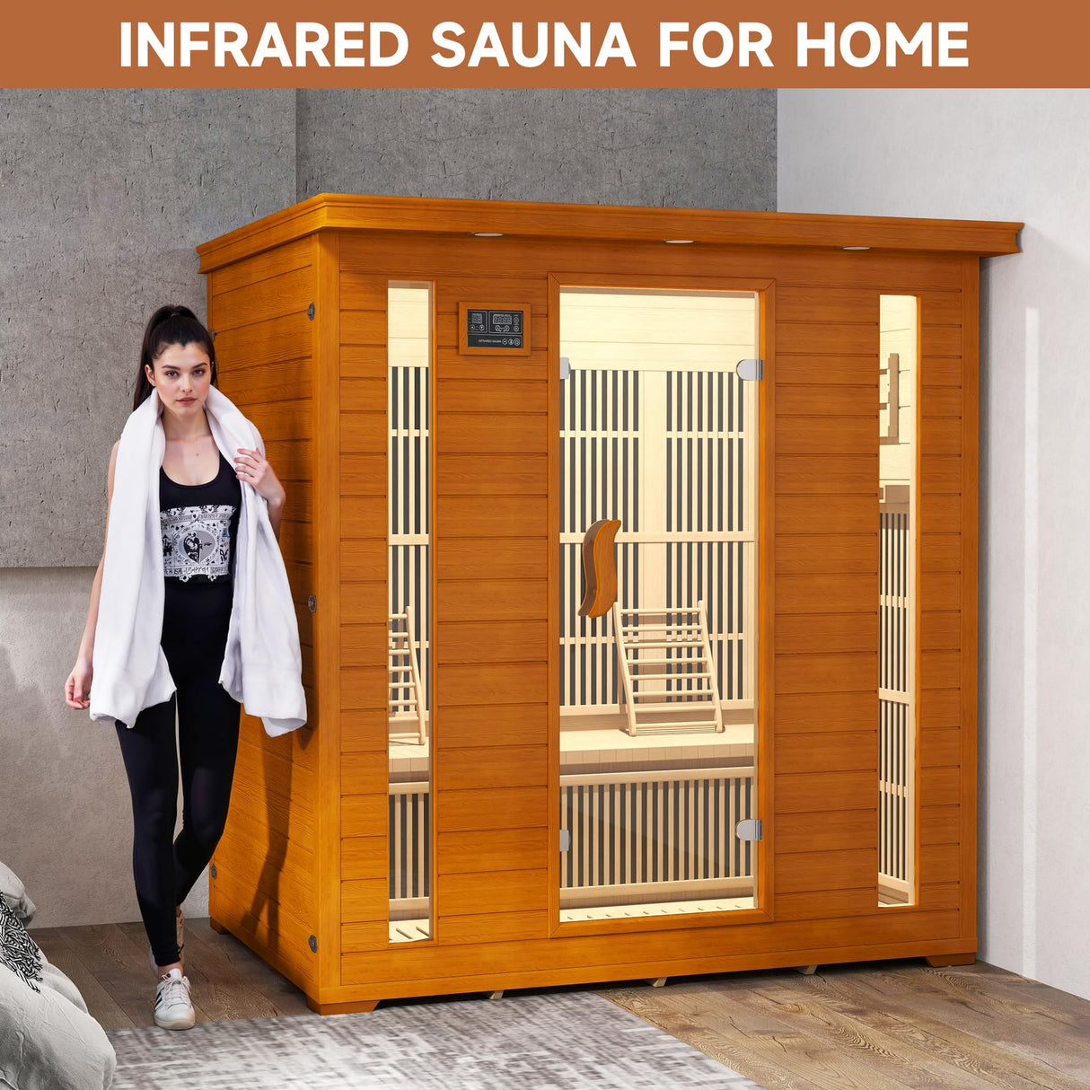 springspa 4 Person Infrared Sauna Room, Low EMF FAR Infrared Sauna for Home, Canadian Hemlock Wooden Indoor Sauna, with 10 Heating Panel, 2 LCD Panel, Bluetooth Speaker, 7 Therapy Light springspa