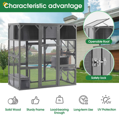 Miscoos Outdoor Wooden Cat Catio Enclosure, Super Large Entry, L67.5'', Walk-in Kitten Cage with Bouncy Bridge, Platforms, Small Houses, Dark Grey Sunshine Board - Ideal for Safe Play and Relaxation