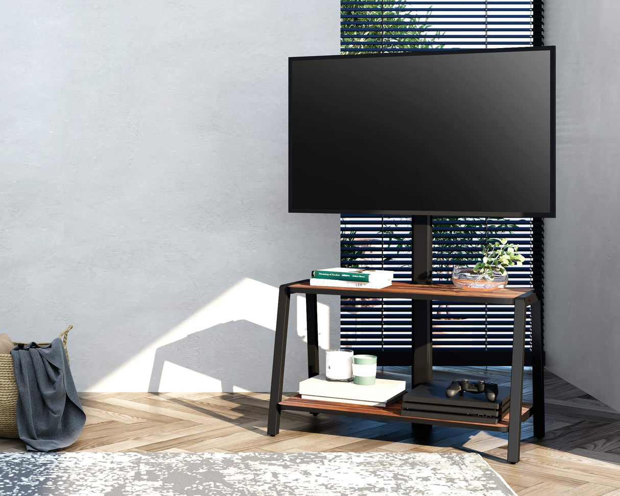 FITUEYES Wood TV Stand with Mount for 32-55 inch TVs, 2 Tier Entertainment Center with Storage for Bedroom & Corner, Tall Wooden TV Mount Stands & Metal Mount - Max Load 77lbs for Flat Screen FITUEYES