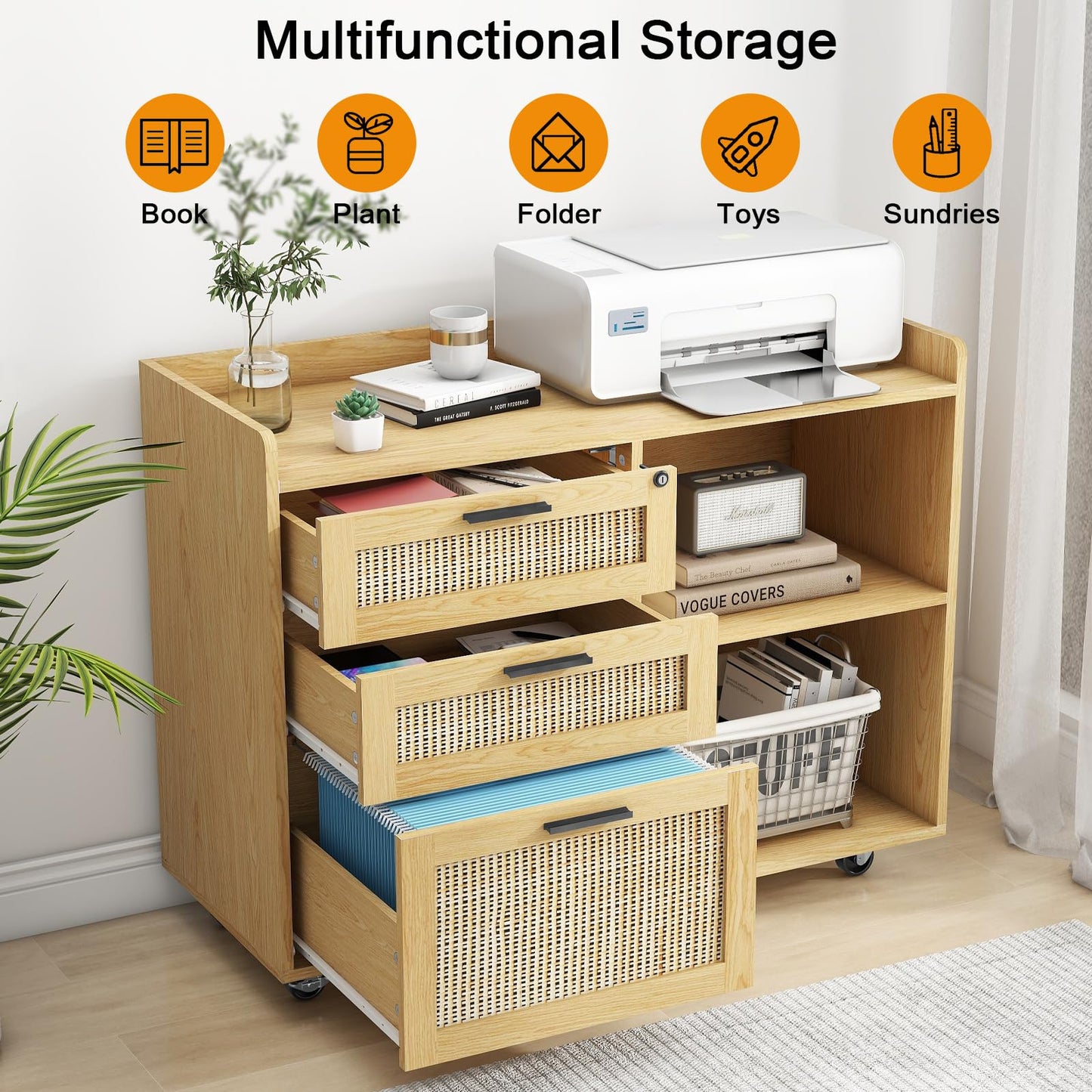 Filing Cabinet for Home Office, 3 Drawer Rattan File Cabinet with Lock Rolling Lateral File Organizer Office Large Storage Cabinet with Shelves Mobile Printer Stand