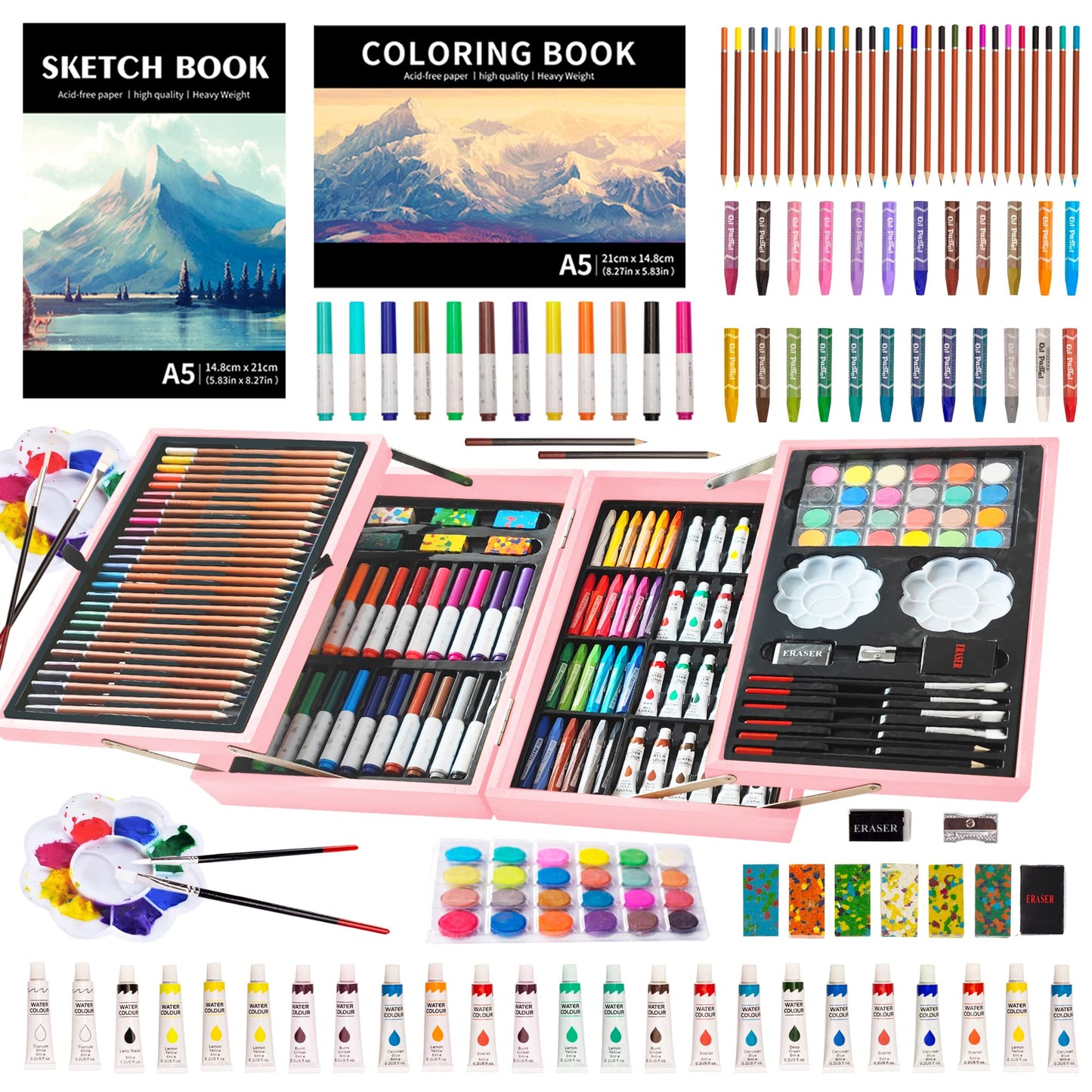 KINSPORY Art Supplies, 139 Pack Painting Drawing Art Kit with 2 Sketch Pads, Deluxe Double Layers Art Set Crafts, Colored Pencils, Oil Pastels, Watercolor Paints, Gift for Artists Kids (Rose Pink)