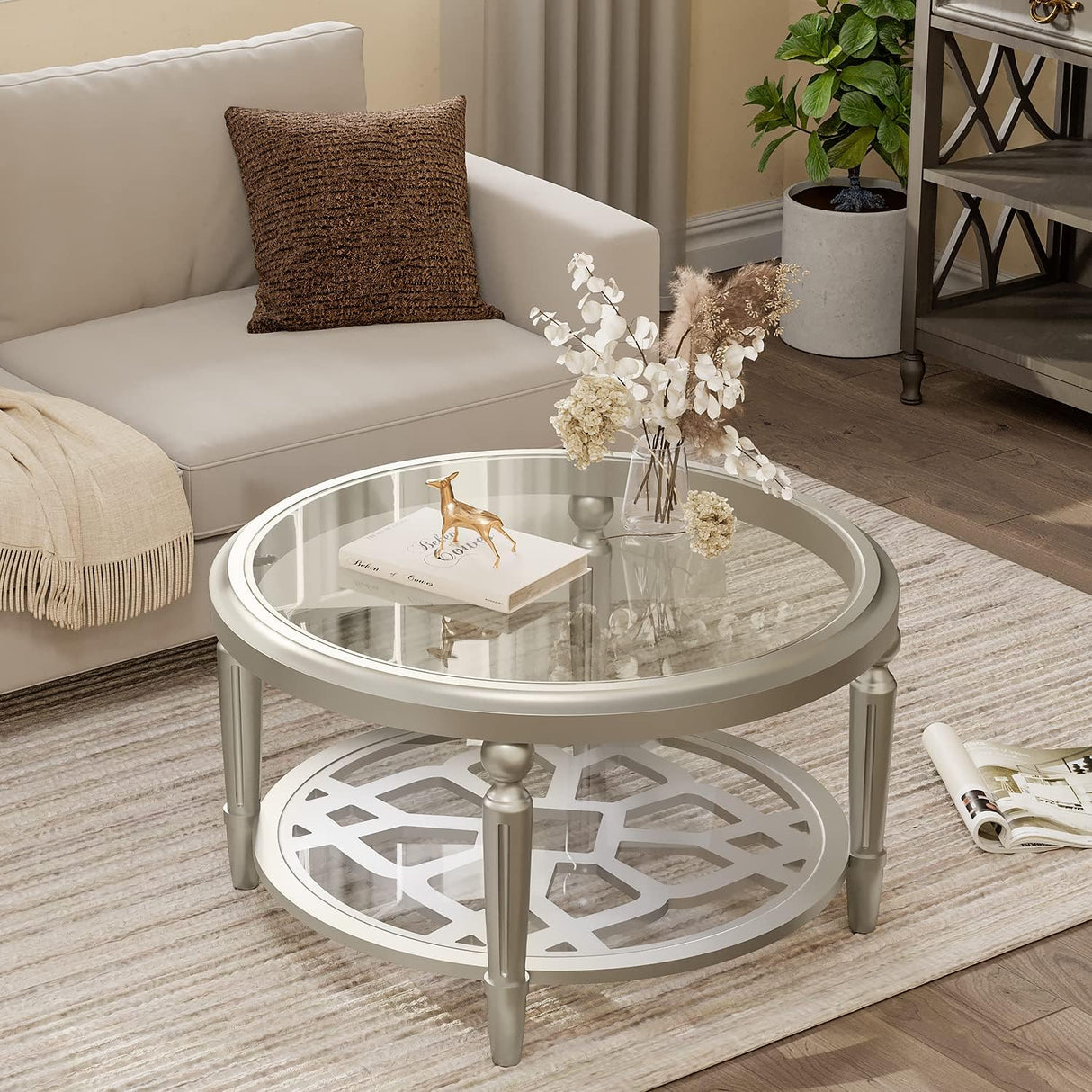 COSIEST Glass Coffee Table, 32" Round Coffee Tables with Storage, 2-Tier Glass Top, Clear Coffee Table, Simple & Modern Center Table for Living Room or Home Office (Champagne) COSIEST